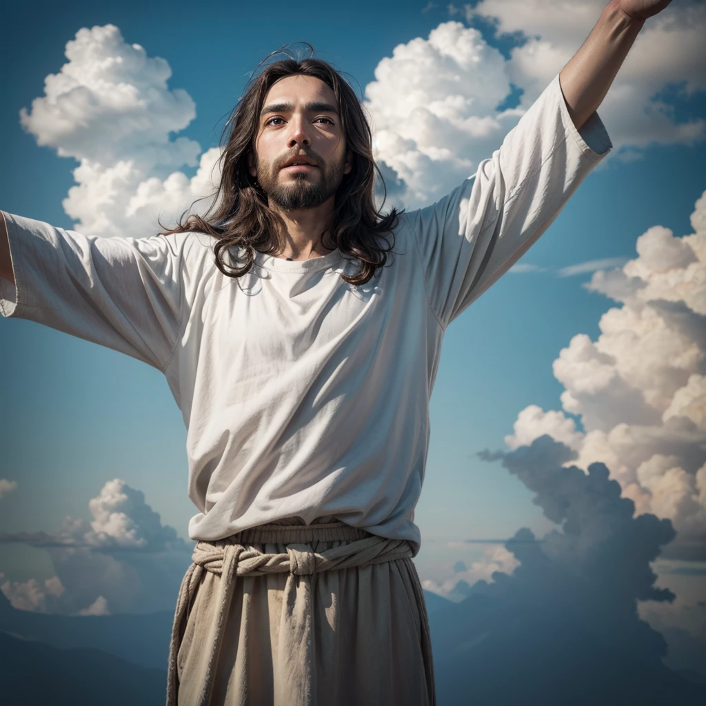 Jesus with open arms coming from Heaven and clouds around him