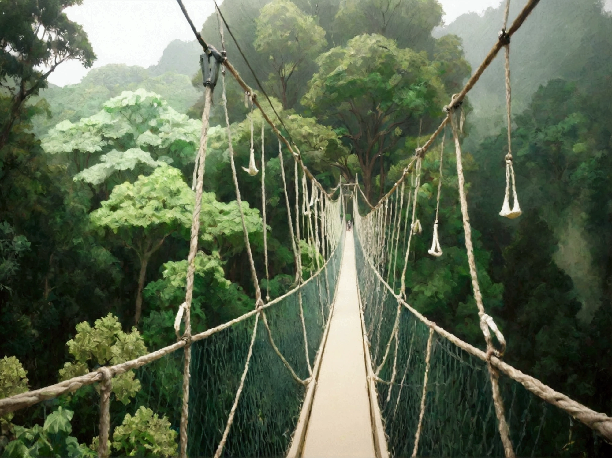 Walking at the canopy walk in Kuala Tahan National Park. The canopy walk is made wood and its have the tradisional hanging bridge design. 