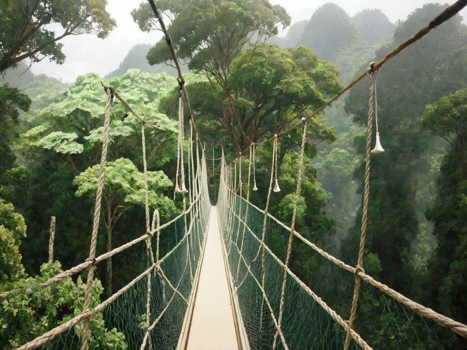 Walking at the canopy walk in Kuala Tahan National Park. The canopy walk is made wood and its have the tradisional hanging bridge design.