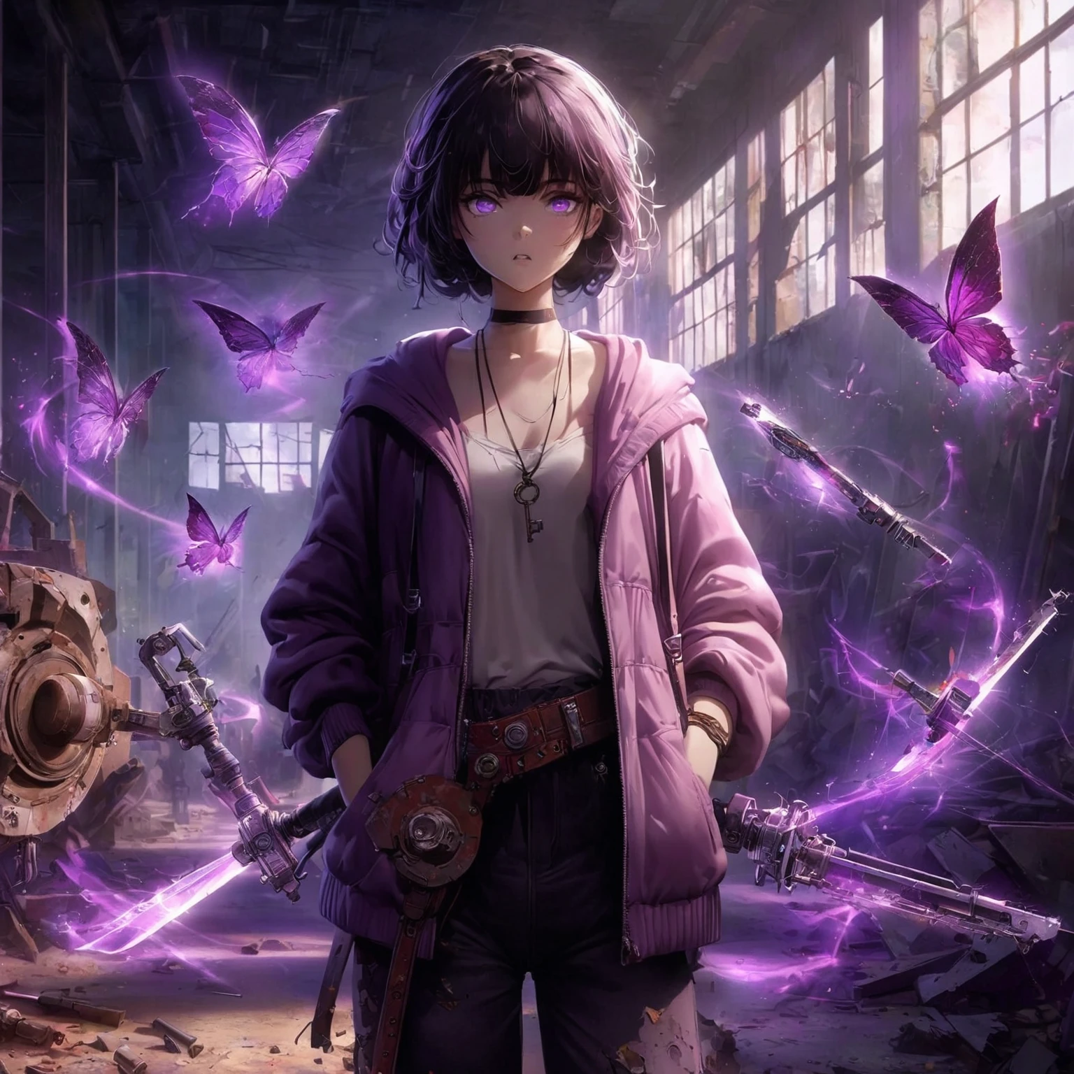 using anime style generate an image of a lady Wearing a very unique casual styled outfit, purple shadows hollow surrounding her, her expression is mostly blank and neutral, with eyes slightly open and a straight mouth, weapons that are made out of purple shadow swirling in the air, more weapons made out of black and purple shadows are floating around her, in an Abandoned Warehouse Environment, A large, empty space with rusted machines, broken windows, and peeling paint, Lighting, Dim, with moonlight streaming through broken windows and flickering industrial lights, Details, Piles of debris, old tools, and machinery parts scattered around. Graffiti and faded signs on the walls, Shadows and sparks from her powers create stark contrasts, Hints her power theme and sparks to illuminate the character, (nude:0.8), detailed gorgeous face| anime style| key visual| intricate detail| highly detailed| breathtaking| vibrant| panoramic| cinematic| Carne Griffiths| Conrad Roset| gibbli 8k