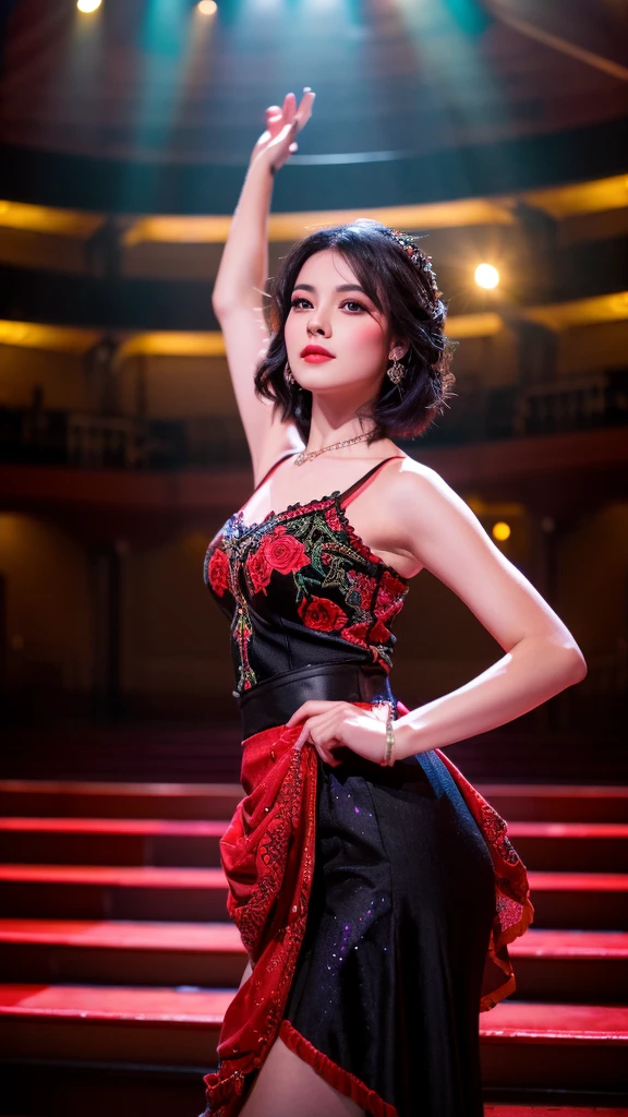 a girl with short black hair,all red long skirt, dancing belle, on stage, opera room, roses on feet, gorgeous, (best quality,4k,8k,highres,masterpiece:1.2),ultra-detailed,(realistic,photorealistic,photo-realistic:1.37),beautiful detailed eyes,beautiful detailed lips,extremely detailed eyes and face,longeyelashes,intricate,elegant,dynamic pose,dramatic lighting,vibrant colors,rich fabric textures,ornate stage,rose petals,ethereal,whimsical
