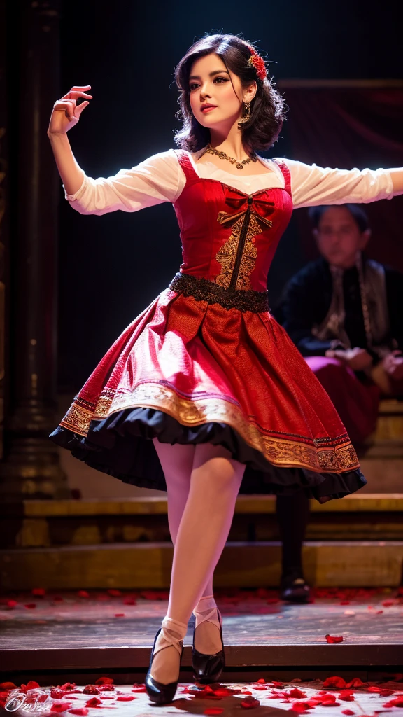 a girl with short black hair,all red long skirt, dancing belle, on stage, opera room, roses on feet, gorgeous, (best quality,4k,8k,highres,masterpiece:1.2),ultra-detailed,(realistic,photorealistic,photo-realistic:1.37),beautiful detailed eyes,beautiful detailed lips,extremely detailed eyes and face,longeyelashes,intricate,elegant,dynamic pose,dramatic lighting,vibrant colors,rich fabric textures,ornate stage,rose petals,ethereal,whimsical