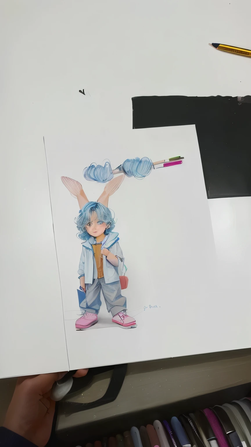 someone holds a drawing of a person with a pencil, colored drawing, inspired by Rafael Ritz, Full color drawing, inspired by Jørgen Roed, inspired by Randall Schmit, inspired by Ronald Rae, inspired by Richard Randolph Rubenstein, child's drawing, inspired by Adam Dario Keel, colored sketch, faded drawing, rabbit_character