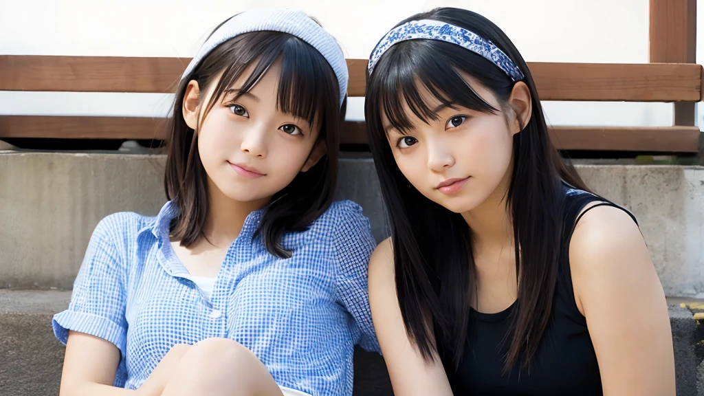 Photos of cute 18 year old Japanese girls、(1 girl:1.leeveless knit、Shorts、smile、(hand between legs:1.4)