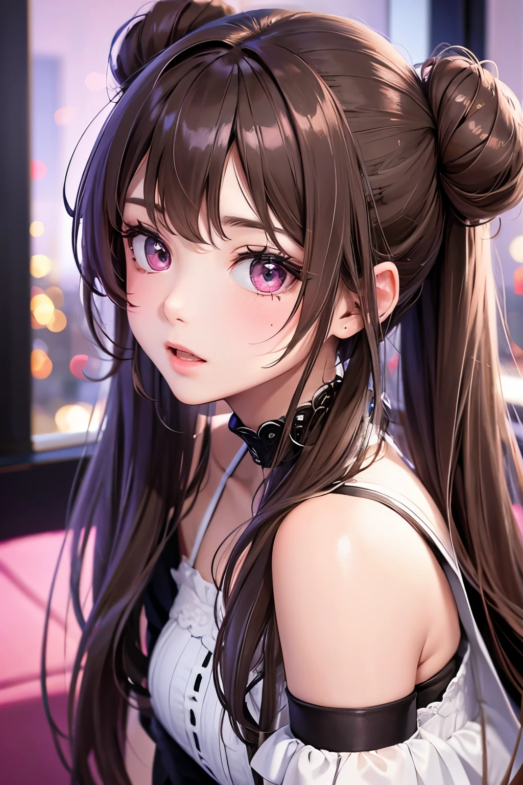 masterpiece, best quality, highly detailed, high resolution, expensive resolution, high resolution, 4k, 8k, Unity 8k wallpaper, highly detailed CG, masterpiece, 2d, 3d, beautiful details, depth, fine texture, best quality: 1.3, perfect focus, clear skin, he, very cute anime girl, heroine of justice style, expensive brown hair in twin tails bun, cute heroine of justice, mole under eye, look at the beholder, expensive, blush, mole, open lips, pink eyes, heart shaped choker