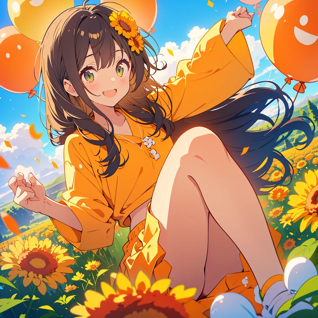 kawaii, anime, Cute, hyper quality, highly detailed, 8k, Clarity, dark brown long hair, smile, green eyes, round marigold, orange round marigold flower field, round marigold flower field, sit on a flowering hill, colorful balloons, balloons are flying in the sky, flower garden, morning dew, Shining light, particles of light, dazzling smile, Draw facial expressions in detail, Draw the eyes in detail, white casual clothes, A breeze flows, celebration, A large number of balloons fly into the sky, look up at the sky, A dynamic posture, balloon, clear blue sky, curled marigold, happy birthday, blue sky, clear sky, rainbow colored balloons, colorful balloons, release a large number of balloons into the sky, upper body, hold one's hand in the sky, marigold with closed flowers, small balloons, 