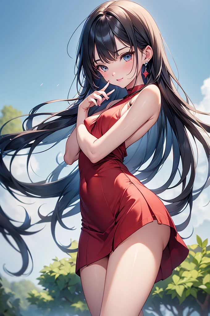 NSFW,(Natural finger shape:1.5),4K,masterpiece,((Focus on the face)),((Symmetrical facial features)),Eye for detailed depiction,Beautiful woman,Excellent style,Beautiful feet,(Small Ass,Thin thighs),(stockings,High heels),Detailed depiction of the face,Small earrings,Low angle photo,((Sleeveless,Red skirt)),Hide and seek in the park early in the morning,blue blonde,Close-up photo of the upper body