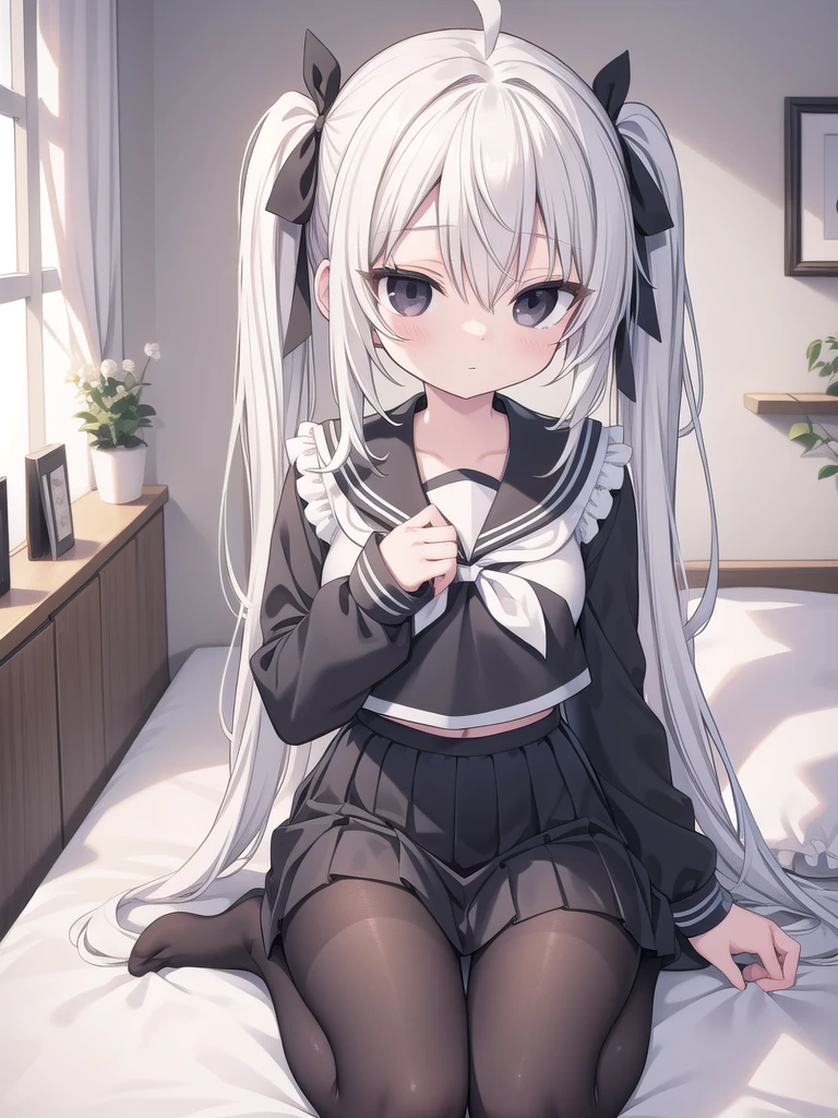 sorakasugano, sora kasugano, ahoge, (black eyes:1.5), hair between eyes, hair ribbon, long hair, twintails, black ribbon, white hair,Big tits (flat chest:1.2),
BREAK porn, lure,Show your breasts, Lace bra, loafers, long sleeves, miniskirt, pantyhose, sailor collar, serafuku, , white sailor collar, white serafuku,
BREAK looking at viewer,sleep position
BREAK indoors, bed room,
BREAK (masterpiece:1.2), best quality, high resolution, unity 8k wallpaper, (illustration:0.8), (beautiful detailed eyes:1.6), extremely detailed face, perfect lighting, extremely detailed CG, (perfect hands, perfect anatomy),