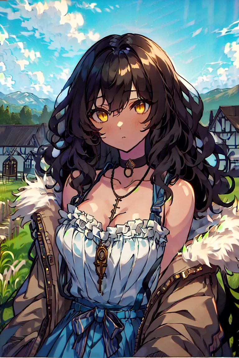 (masterpiece:1.2), (high quality:1.2), girls with((black hair, yellow eyes, (wavy long hair, one side up:1.52), bare shoulders, breasts, choker, cleavage, coat, collar, collarbone, cowboy shot, dress, blue clothes, camisole, (rosary, rosary choker, cross:0.7), necklace, fur, fur collar, fur trim, hood down, hooded jacket, hoodie, jacket, large breasts, long hair, long sleeves, black belt, suspenders, medium breasts, medium hair, necklace, open clothes, open hoodie, sleeveless, solo, winter clothes, zipper, cleavage, upper body, hand up, waving, palm)), background with((architecture, dark sky, bush, castle, village, no humans, night, starry sky, field, garden, grass, hill, house, lamppost, landscape, mountain, mountainous horizon, nature, no humans, outdoors, scenery, shrine, sky))