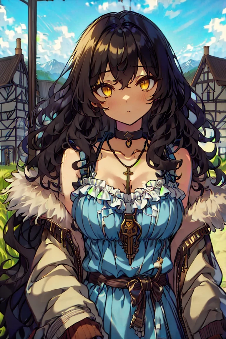 (masterpiece:1.2), (high quality:1.2), girls with((black hair, yellow eyes, (wavy long hair, one side up:1.52), bare shoulders, breasts, choker, cleavage, coat, collar, collarbone, cowboy shot, dress, blue clothes, camisole, (rosary, rosary choker, cross:0.7), necklace, fur, fur collar, fur trim, hood down, hooded jacket, hoodie, jacket, large breasts, long hair, long sleeves, black belt, suspenders, medium breasts, medium hair, necklace, open clothes, open hoodie, sleeveless, solo, winter clothes, zipper, cleavage, upper body, hand up, waving, palm)), background with((architecture, dark sky, bush, castle, village, no humans, night, starry sky, field, garden, grass, hill, house, lamppost, landscape, mountain, mountainous horizon, nature, no humans, outdoors, scenery, shrine, sky))