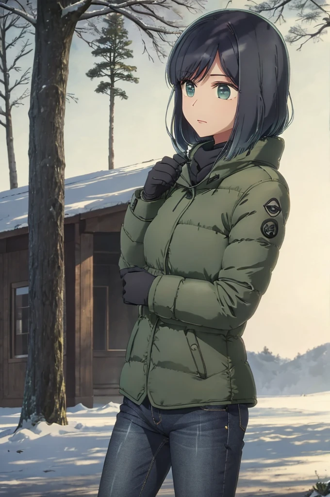 girl, jeans, dark green puffer jacket, black gloves, street, forest, snow