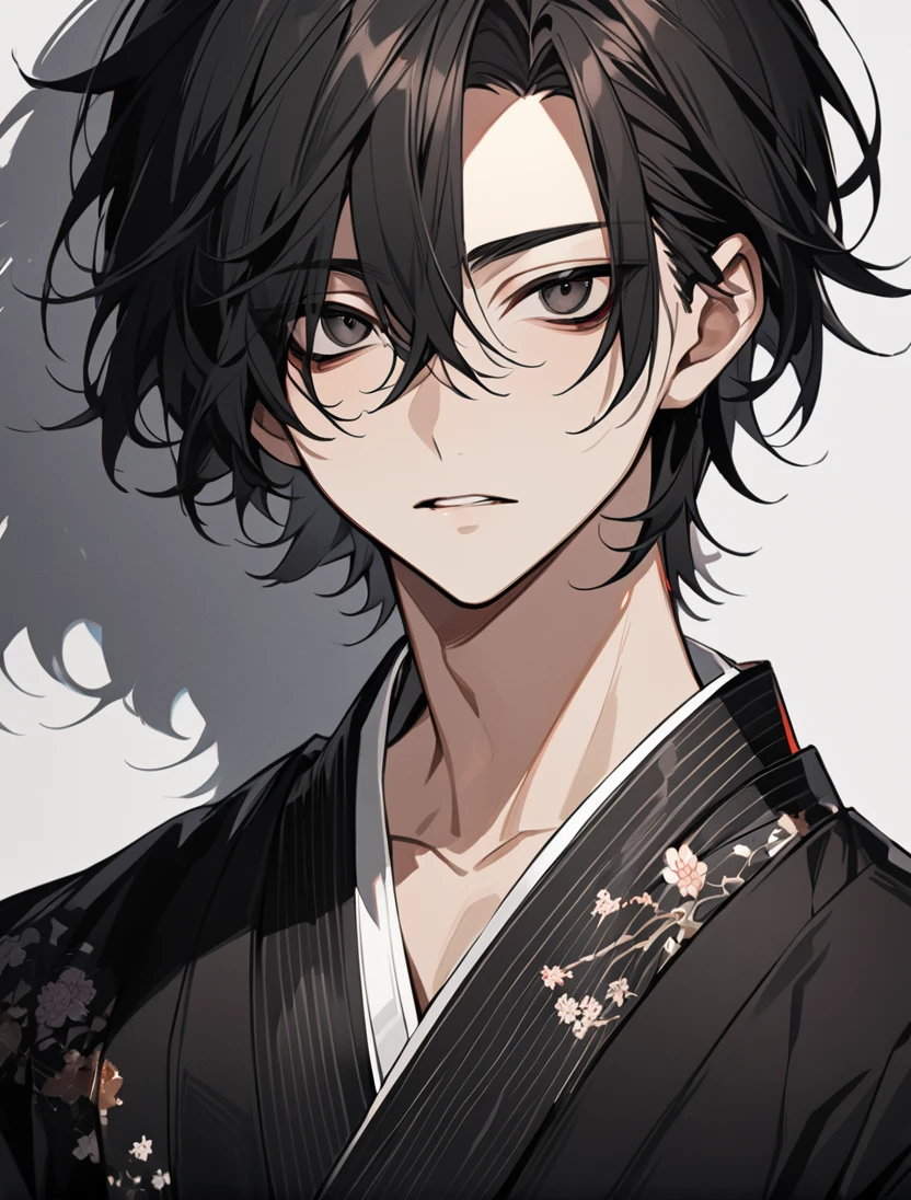 (black_hair), (short_hair), (deep_black_eyes), (Handsome), (Attractive), (male), (unique_black_kimono), (detailed_Hair), (detailed_mouth), (r), (dark_under_eyes), (gem_like_eyes), (japanese)