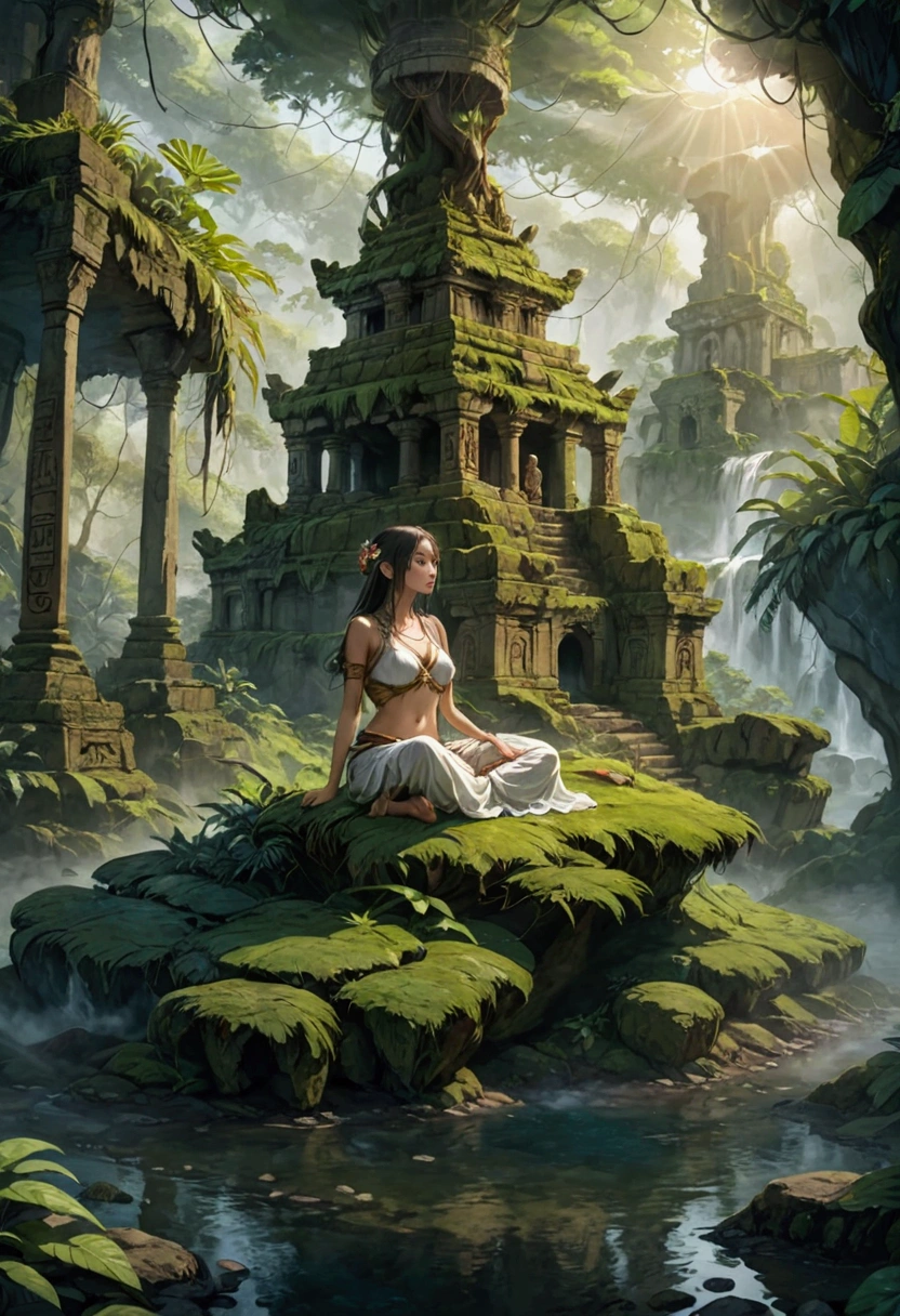 1girl, island, a mysterious island, lush tropical jungle, overgrown vegetation, winding rivers and waterfalls, ancient ruins and crumbling stone temples, sunlight filtering through the canopy, mist and fog obscuring the horizon, mysterious creatures lurking in the shadows, intricate carvings and hieroglyphics, weathered and mossy stone, golden sun rays, dramatic lighting, cinematic composition, vibrant colors, 8k, ultra-detailed, masterpiece, best quality, very aesthetic, absurdres