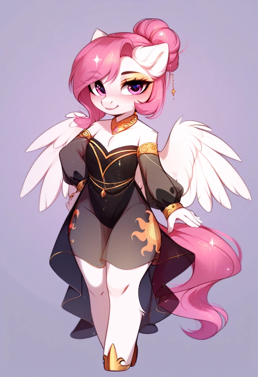 check_9, check_8_up, check_7_up, source_fluffy, rating_safe, from Magnaluna, Celestia poses seductively in a white bedroom, dark pink mane with gold stripes in it, hair bun with bangs, pink eyes, white body, thick thighs, anthro, blushing, wearing peach colored see through dress, full body