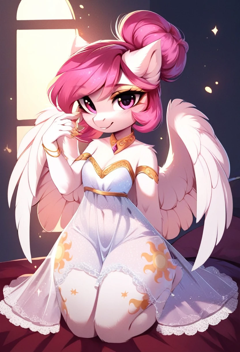 check_9, check_8_up, check_7_up, source_fluffy, rating_safe, from Magnaluna, Celestia poses seductively in a white bedroom, dark pink mane with gold stripes in it, hair bun with bangs, pink eyes, white body, thick thighs, anthro, blushing, wearing peach colored see through dress, full body