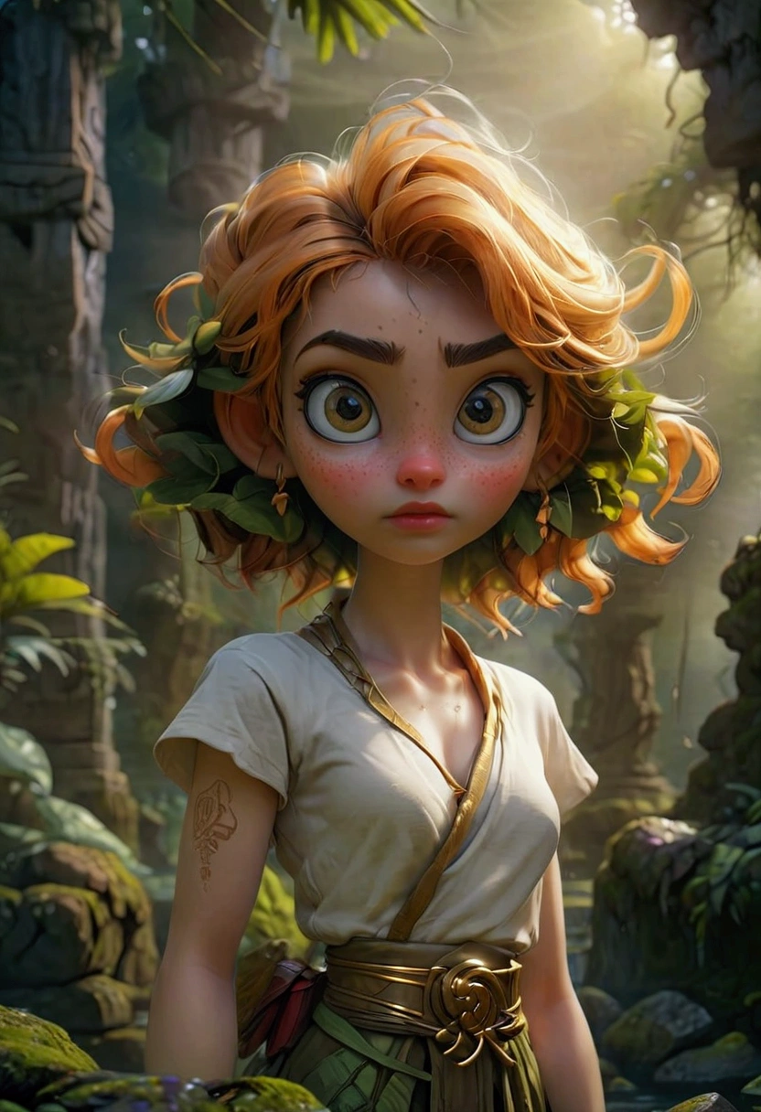 1girl, island, a mysterious island, lush tropical jungle, overgrown vegetation, winding rivers and waterfalls, ancient ruins and crumbling stone temples, sunlight filtering through the canopy, mist and fog obscuring the horizon, mysterious creatures lurking in the shadows, intricate carvings and hieroglyphics, weathered and mossy stone, golden sun rays, dramatic lighting, cinematic composition, vibrant colors, 8k, ultra-detailed, masterpiece, best quality, very aesthetic, absurdres