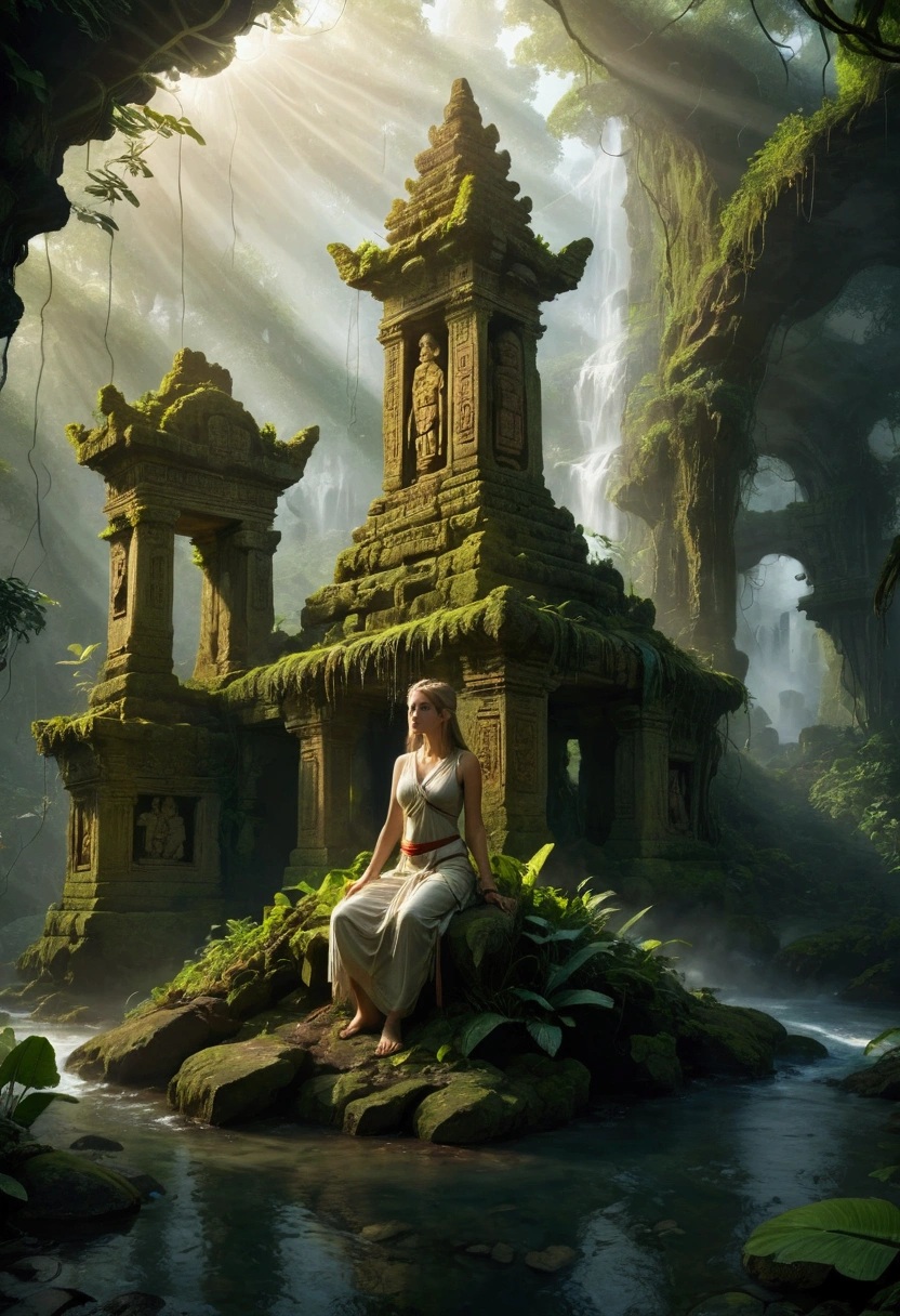 1girl, island, a mysterious island, lush tropical jungle, overgrown vegetation, winding rivers and waterfalls, ancient ruins and crumbling stone temples, sunlight filtering through the canopy, mist and fog obscuring the horizon, mysterious creatures lurking in the shadows, intricate carvings and hieroglyphics, weathered and mossy stone, golden sun rays, dramatic lighting, cinematic composition, vibrant colors, 8k, ultra-detailed, masterpiece, best quality, very aesthetic, absurdres