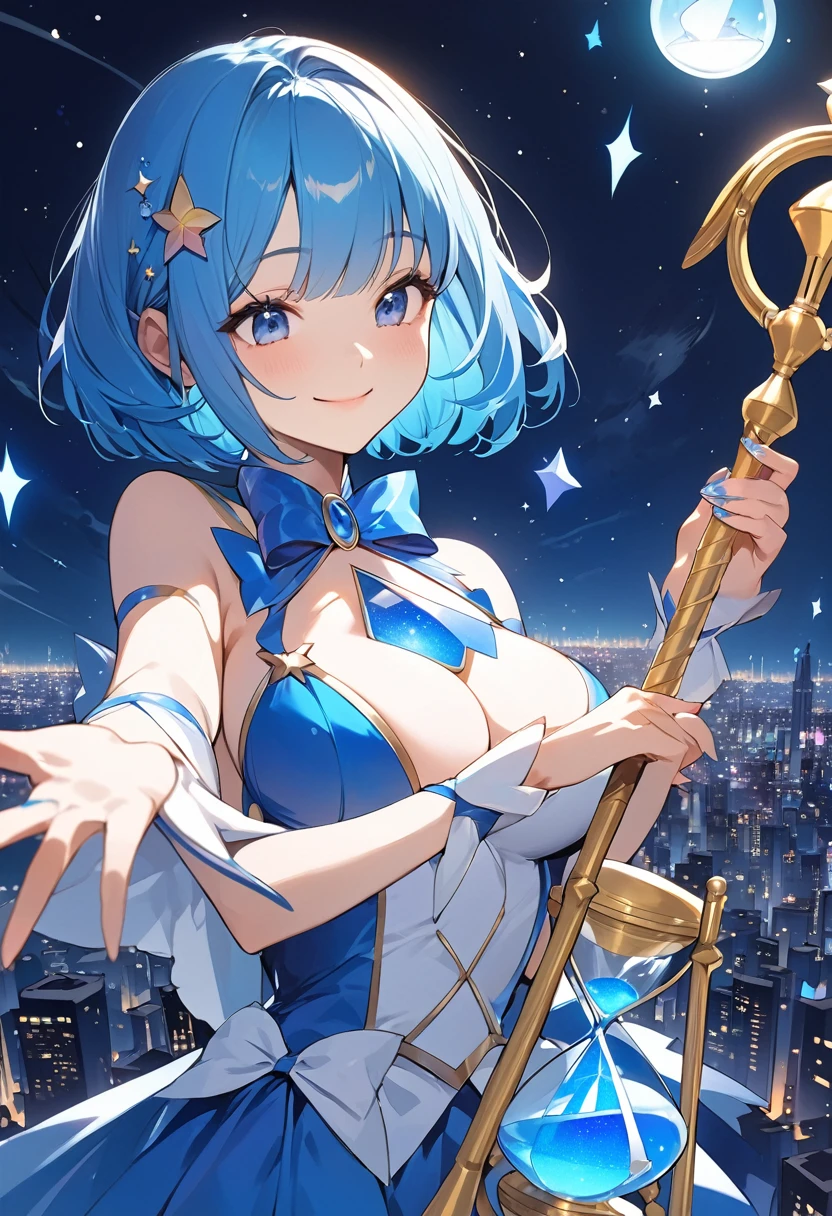 (Top quality illustrations:1.2), (pretty girl:1.1), (1 girl、), (1 girl、smile)、Bright blue hair、Short Bob Hair、Beautiful breasts、Blue-haired magical girl with a wand、((The tip of the staff is a blue hourglass.))、Flying through the night sky with magic, Looking down on the city from the sky