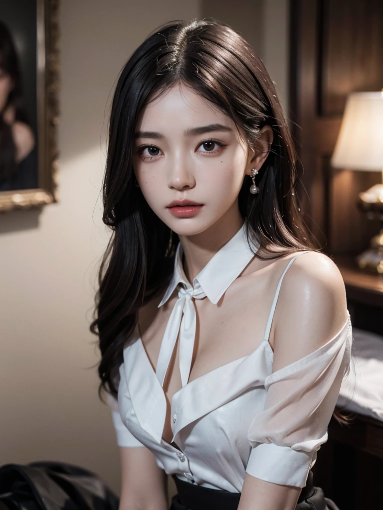 absurdres, RAW photo, extremely delicate and beautiful, masterpiece, Best Quality, ultra high resolution, 32k, hyperrealistic, ultra-detailed, perfect anatomy, super Detailed skin, perfect figure, Super Beauty, Perfect Style, Perfect balance, Beautiful Lighting, Perfect Lightning, Realistic Shadows, 20 years old, very Slim body, narrow waist, very small head, very small face, delicate facial features, handsome detailed woman, very detailed eyes and face, realistic face proportions, Realistic beautiful face, Realistic beautiful eyes, tearful mole, earring, very huge round breasts, legs, medium hair, whole body shot, indoor, tight skirt, gray collared dress shirt, garter belt,