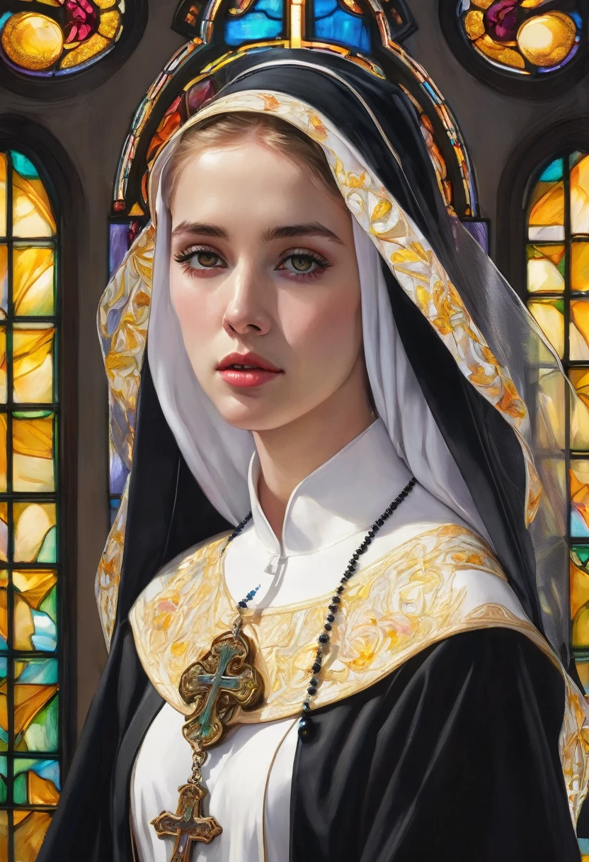 master piece, ultra detailed, hyper realistic, 24yo, angel, female, nun, detailed face, detailed eyes, droopy eyes, sparkling eyes, with cross-shaped pupils, intricate iris pattern, intense gaze, Mystical expressions, celestial nose, lip gloss, shy smile, embarrassed, (angel halo:1.4), wavy hair, (shiny hair:1.4), yellow hair, pale skin, nun habit, long black dress, white collar, rosary, veil, bra, pansies, garter belt, stockings, own hands together, praying, Tight Clothing, side slit, inside church, stained glass, lifelike photograph, from front, full body shot, looking at viewer, sunny, dapple sunlight, beautiful lighting, holy light,