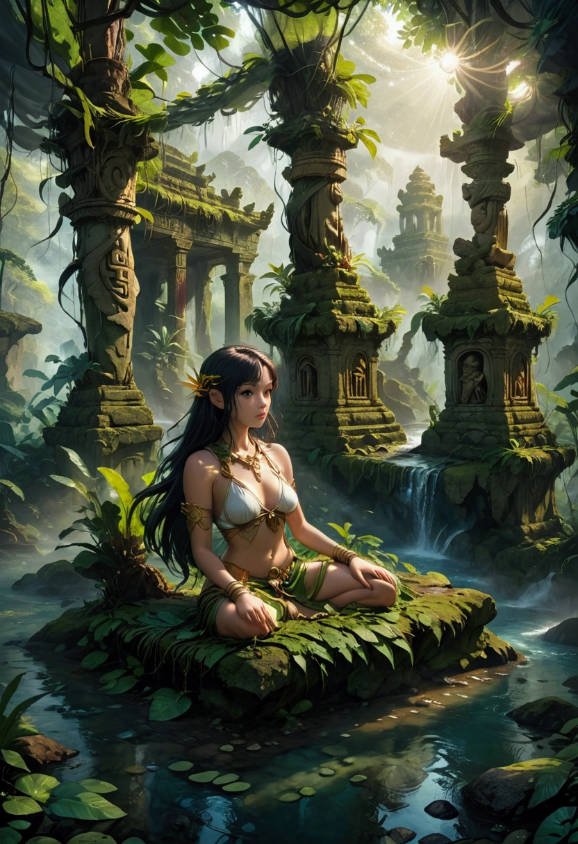 1girl, island, a mysterious island, lush tropical jungle, overgrown vegetation, winding rivers and waterfalls, ancient ruins and crumbling stone temples, sunlight filtering through the canopy, mist and fog obscuring the horizon, mysterious creatures lurking in the shadows, intricate carvings and hieroglyphics, weathered and mossy stone, golden sun rays, dramatic lighting, cinematic composition, vibrant colors, 8k, ultra-detailed, masterpiece, best quality, very aesthetic, absurdres