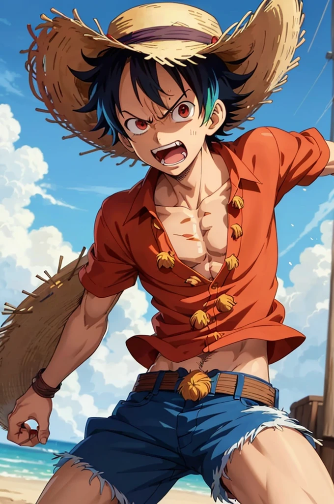 illustration of 1boy, wanostyle, monkey d luffy, angry looking, ((anime)), straw hat, ((colorful)), 8k, ((masterpiece)), HDR, highly detailed, professional