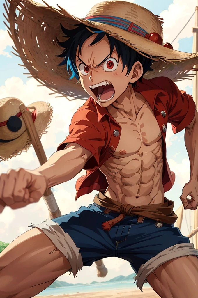 illustration of 1boy, wanostyle, monkey d luffy, angry looking, ((anime)), straw hat, ((colorful)), 8k, ((masterpiece)), HDR, highly detailed, professional 