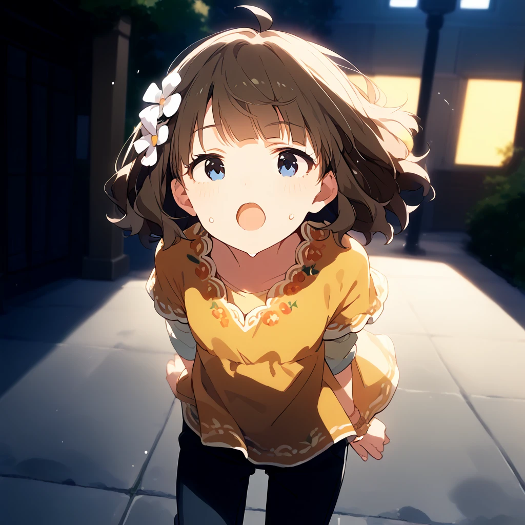 score_9, score_8_up, score_7_up, source_anime, best quality, masterpiece, official art, absurdres, highres, ultra-detailed,waifu2x,Collection: Slice of Life,break,1girl, suou momoko, casual, ahoge, short hair, blue eyes, eyebrows visible through hair, wavy hair, blunt bangs, yellow dress, print dress, floral print, yellow shirt, short over long sleeves, layered sleeves, hair ornament, hair flower, white flower, black pants, pants under dress, capri pants, pants rolled up, sweat, open mouth, (yawn:0.3), sleepily, outdoors, wind,break,(clear line illustration:1.2), super detailed skin,very high resolution, very aesthetic, Best sexual lighting powered by famous artist, 8k,cute picture,beauty illustration,photoshop_(medium),,(Detailed Lighting),best anime 8k konachan wallpaper, pixiv contest winner,