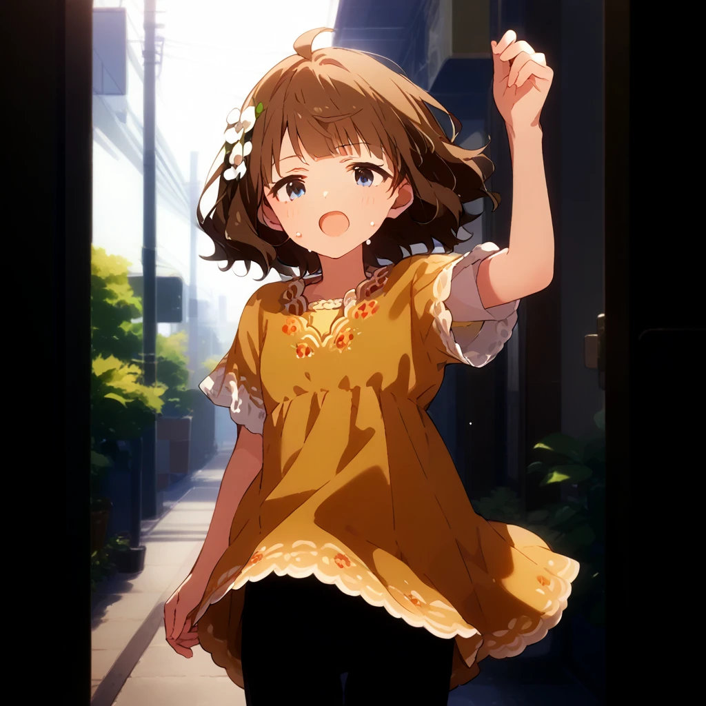 score_9, score_8_up, score_7_up, source_anime, best quality, masterpiece, official art, absurdres, highres, ultra-detailed,waifu2x,Collection: Slice of Life,break,1girl, suou momoko, casual, ahoge, short hair, blue eyes, eyebrows visible through hair, wavy hair, blunt bangs, yellow dress, print dress, floral print, yellow shirt, short over long sleeves, layered sleeves, hair ornament, hair flower, white flower, black pants, pants under dress, capri pants, pants rolled up, sweat, open mouth, (yawn:0.3), sleepily, outdoors, wind,break,(clear line illustration:1.2), super detailed skin,very high resolution, very aesthetic, Best sexual lighting powered by famous artist, 8k,cute picture,beauty illustration,photoshop_(medium),,(Detailed Lighting),best anime 8k konachan wallpaper, pixiv contest winner,
