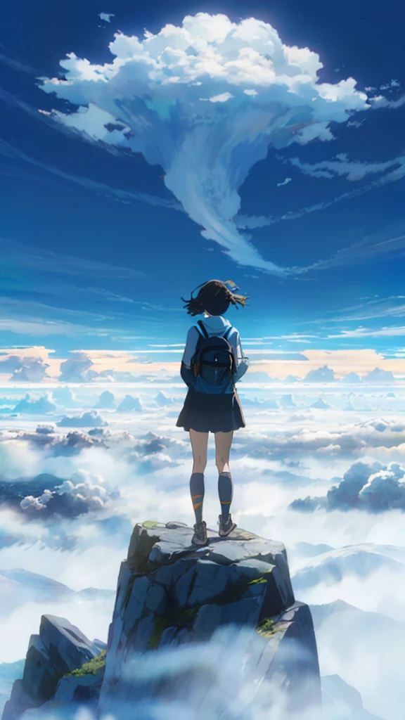 A girl standing on a mountain going above clouds, wearing a , with a blue sky and clouds background. The girl is facing away from the viewer. The image should be very detailed, with a resolution of 8k and high resolution.