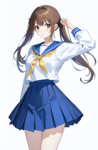 ((Highest quality)), ((masterpiece)), (detailed), ((One Girl))、(middle School girls)、((A photo showing your thighs to the top of your head))、(Standing straight, facing the camera)、School uniforms、Sailor suit、Pleated skirt、Brown Hair、Brown eyes、Twin tail hair、Young face、low length、Slender figure、Small breasts、White background