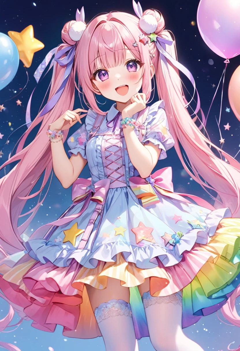 (whole body, legs and shoes visible: 1.2)) Expressive eyes, One girl, Pale skin, Long Hair, Windblown Hair, ((absurdly Long Hair)), Long Side Lock, Princess bangs, Hair bangs, Hair Bun, ((Very long twin tails)), Rainbow Hair, Light pink hair, blush, full face blush, big sparkling Pastel Purple eyes, (Gradient Eye), Laughing with your mouth open, cute pose, ((Holding a balloon : 1.3)) ((cute and pastel fashion)) ((🦄🎠🎈🎉 theme : 1.4)) A loose pastel dress, ((Dreamy multi-colored open dress)), (Floating ribbon), Lavender Frill, Pink frills, (Light blue lace), Removable short sleeves, Fluffy skirt, ((Rainbow and star printed skirt : 1.3)), ta Skirt, Purple ribbon, ((pom pom ribbon hair ornament : 1.4)), Multiple Bows, Striped lace stockings, (heart型のレッグガーター), cute (Pastel Purple) shoes ((Ultra-detailed clothing and fashion)) I'm watching you, Vintage Girl, blush, (Beautiful attention to detail), (Highly detailed CG Unity 8k wallpaper) (Best Shadow), ((Very delicate and beautiful)), (Detailed light), ((Depth of written boundary)) Big Head, Big, bright eyes, Moe, Splash Art, Cinema Lighting, Front view, volumetric lighting maximalist photo illustration k resolution high resolution intricate detailed complex key visuals precise linear ((Dreamy pastel sky background, Surrounded by sunset clouds, shooting star, Castle above the clouds)) ((Ultra-detailed landscapes, Foggy clouds, Hung by balloons, heart : 1.3))