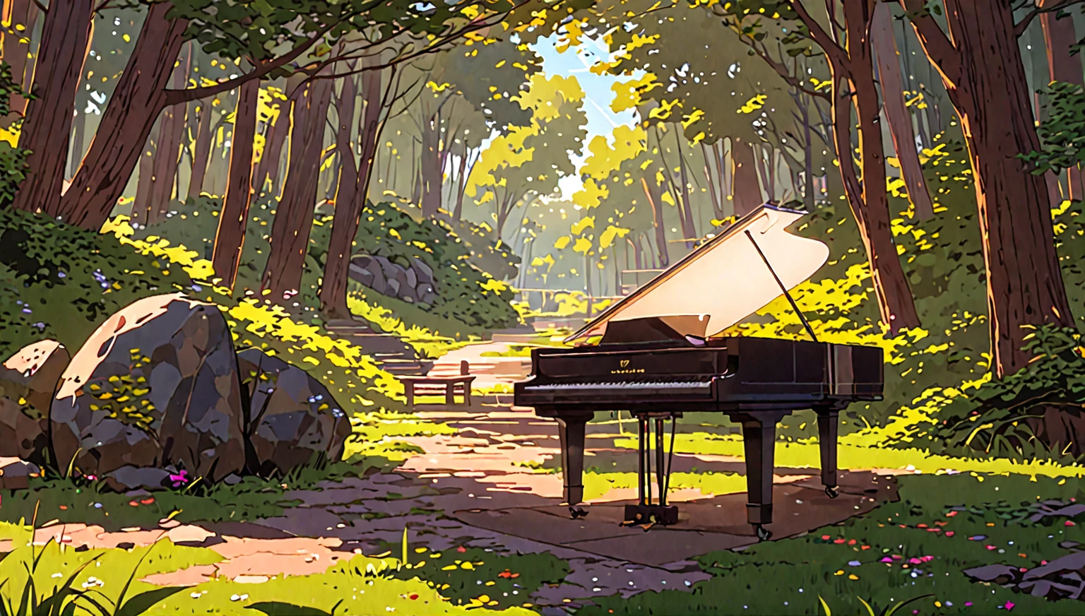 There&#39;s a piano in the middle of the forest, Beautiful peaceful scene in anime, Anime Background Art, Atei Gailan Style, Anime Art Wallpapers 8K, Anime Rush John 8k Woods, Beautiful anime scene, arte koto no ha no niwa, Atei Gailan 8K, anime nature wallpapers, Colorful anime movie background