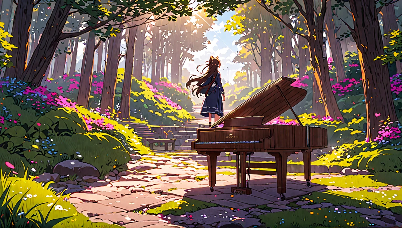 There&#39;s a piano in the middle of the forest, Beautiful peaceful scene in anime, Anime Background Art, Atei Gailan Style, Anime Art Wallpapers 8K, Anime Rush John 8k Woods, Beautiful anime scene, arte koto no ha no niwa, Atei Gailan 8K, anime nature wallpapers, Colorful anime movie background