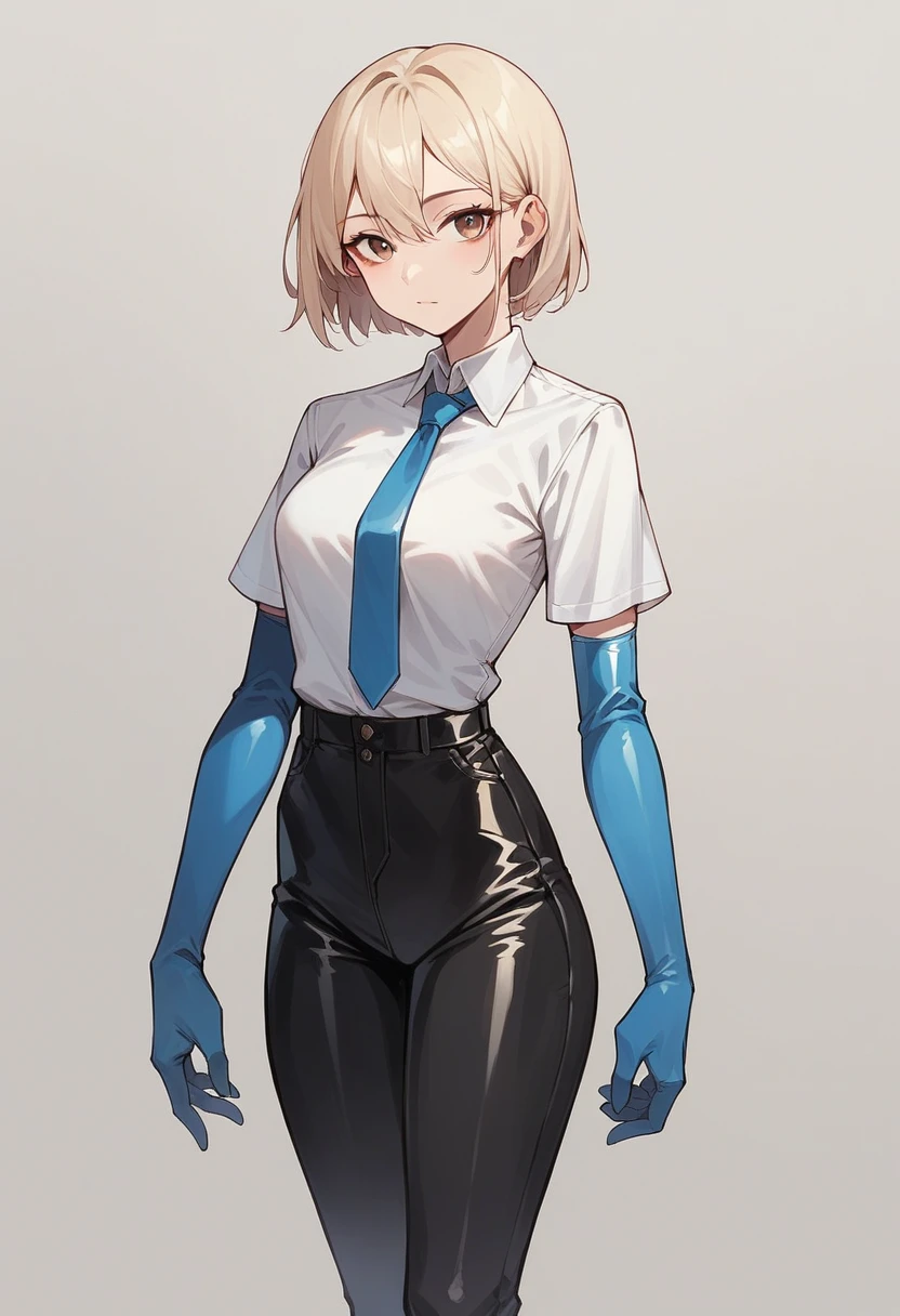 1girl, light hair, ((blue elbow gloves)), ((surgical gloves)), ((latex gloves)), (((long sleeves))), ((white shirt)), ((gloves over sleeves)), ((black pants)), tie, looking at viewer, standing, solo