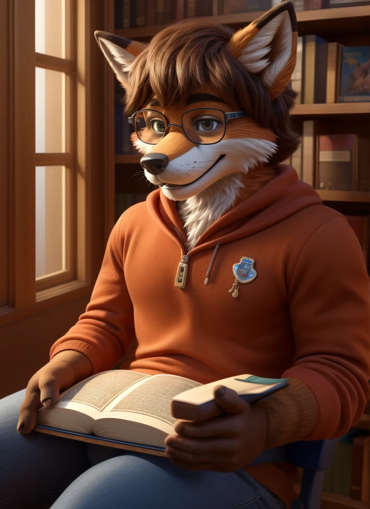 A fursuit Fox male muscular an 18 year old ager alone in high school nerd reading a book and wearing a random outfit Velma style glasses from Scooby Doo. A little bit muscular just a little bit, shiny furr