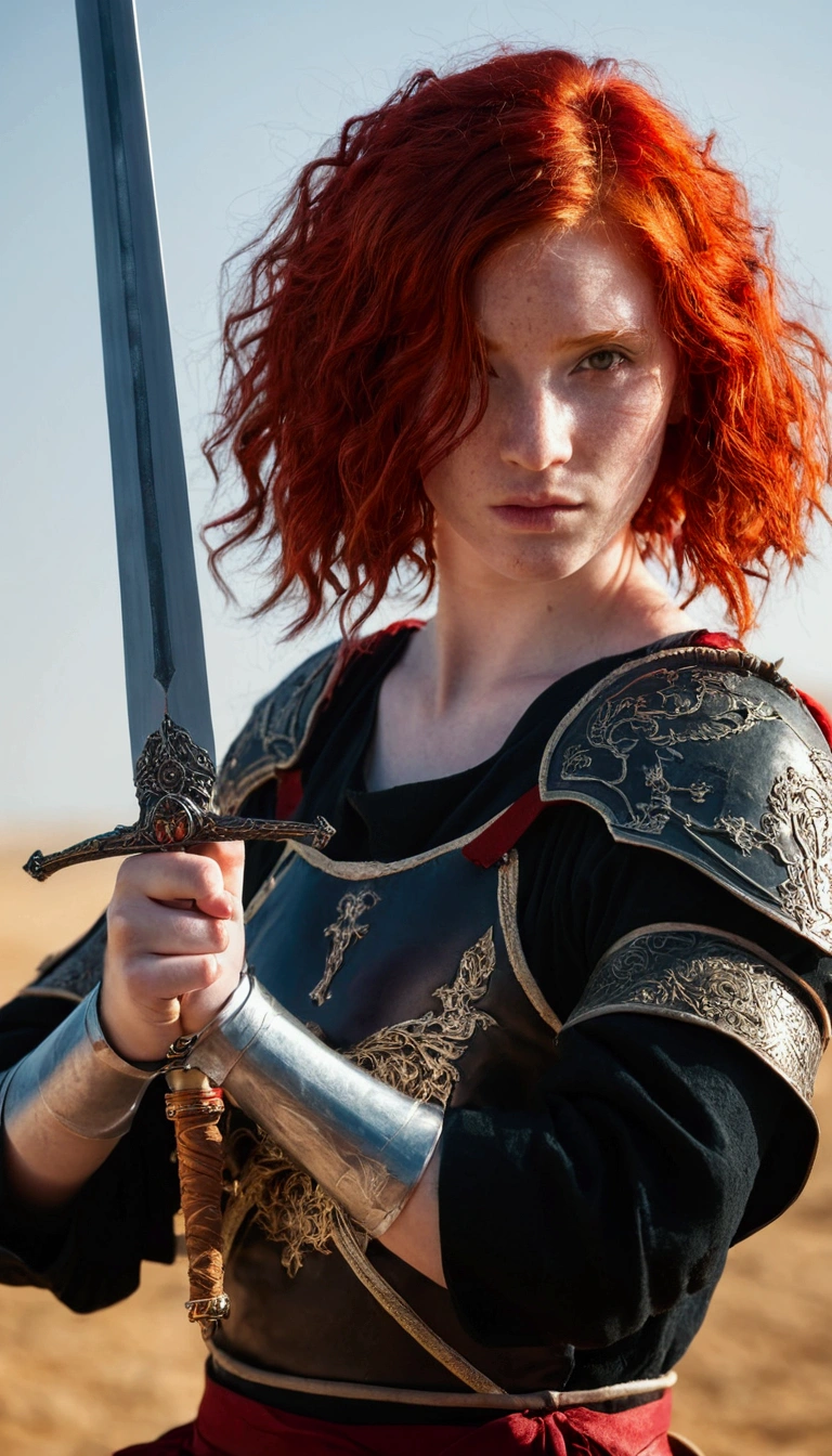 girl with red hair holding two swords in her hands