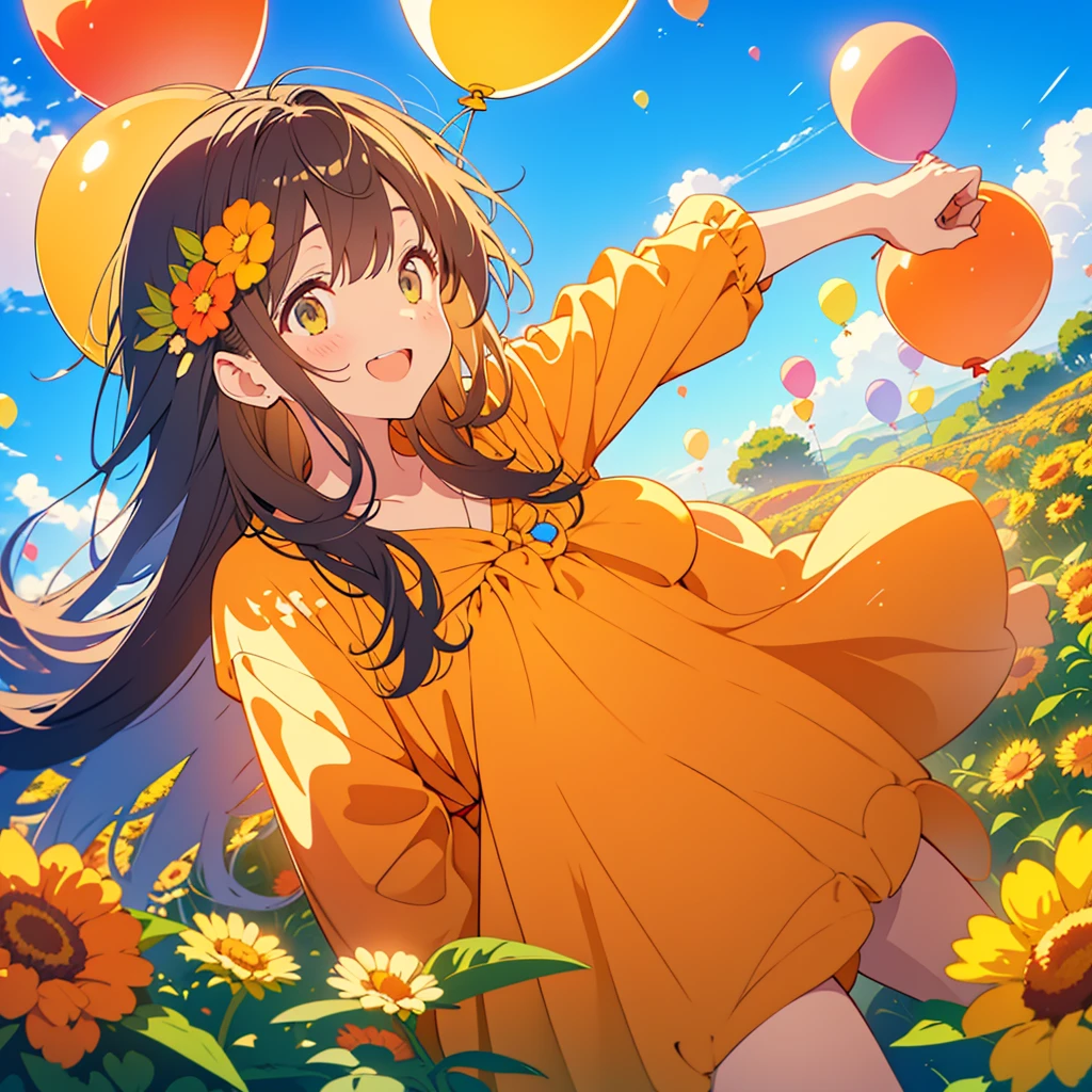 kawaii, anime, Cute, hyper quality, highly detailed, 8k, Clarity, dark brown long hair, smile, green eyes, round marigold, orange round marigold flower field, round marigold flower field, sit on a flowering hill, colorful balloons, balloons are flying in the sky, flower garden, morning dew, Shining light, particles of light, dazzling smile, Draw facial expressions in detail, Draw the eyes in detail, white casual clothes, A breeze flows, celebration, A large number of balloons fly into the sky, look up at the sky, A dynamic posture, balloon, clear blue sky, curled marigold, happy birthday, blue sky, clear sky, rainbow colored balloons, colorful balloons, release a large number of balloons into the sky, upper body, hold one's hand in the sky, marigold with closed flowers, small balloons, closed flowers,