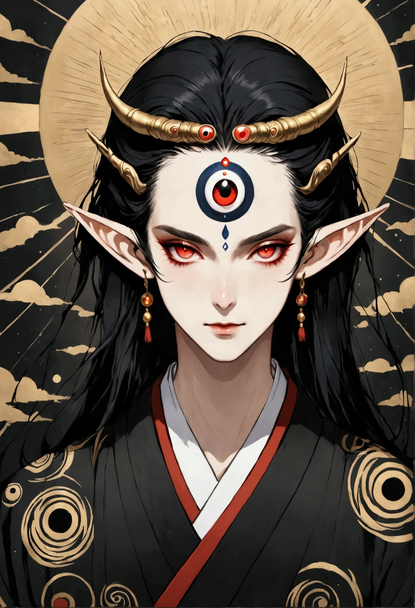 Digital board painting，Flat coating，Thick coating，Dark illustration，(((1 Prince，独奏，third eye on the forehead，Dark eyeshadow.Elf ears))),(((Japanese robe kimono：1.6))).solemn，majesty，momentum，whole body：1.6，black and gold，red