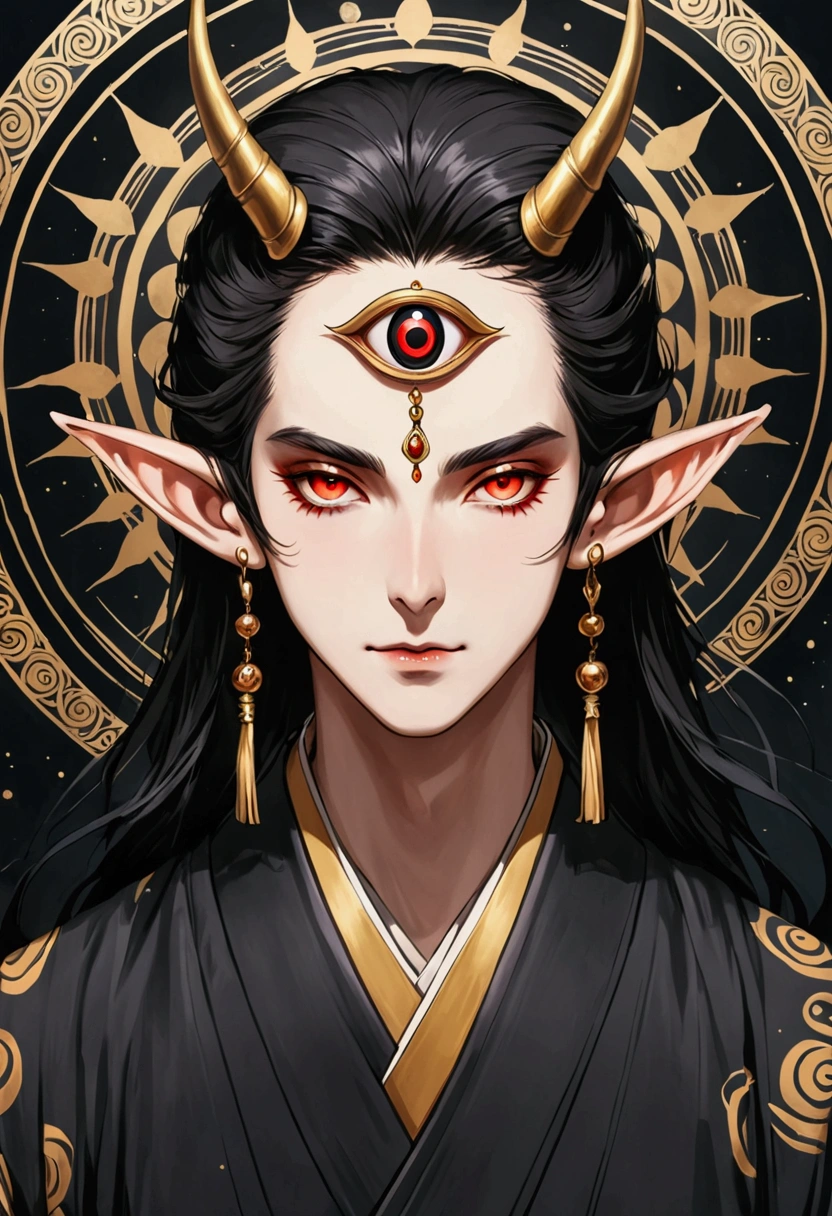 Digital board painting，Flat coating，Thick coating，Dark illustration，(((1 Prince，独奏，third eye on the forehead，Dark eyeshadow.Elf ears))),(((Japanese robe kimono：1.6))).solemn，majesty，momentum，whole body：1.6，black and gold，red