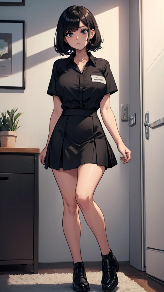 Short black skirt, work shirt, mommy