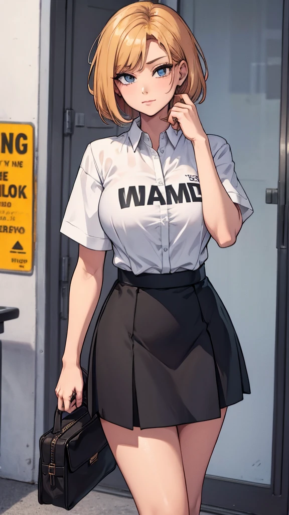 Short black skirt, work shirt, mommy