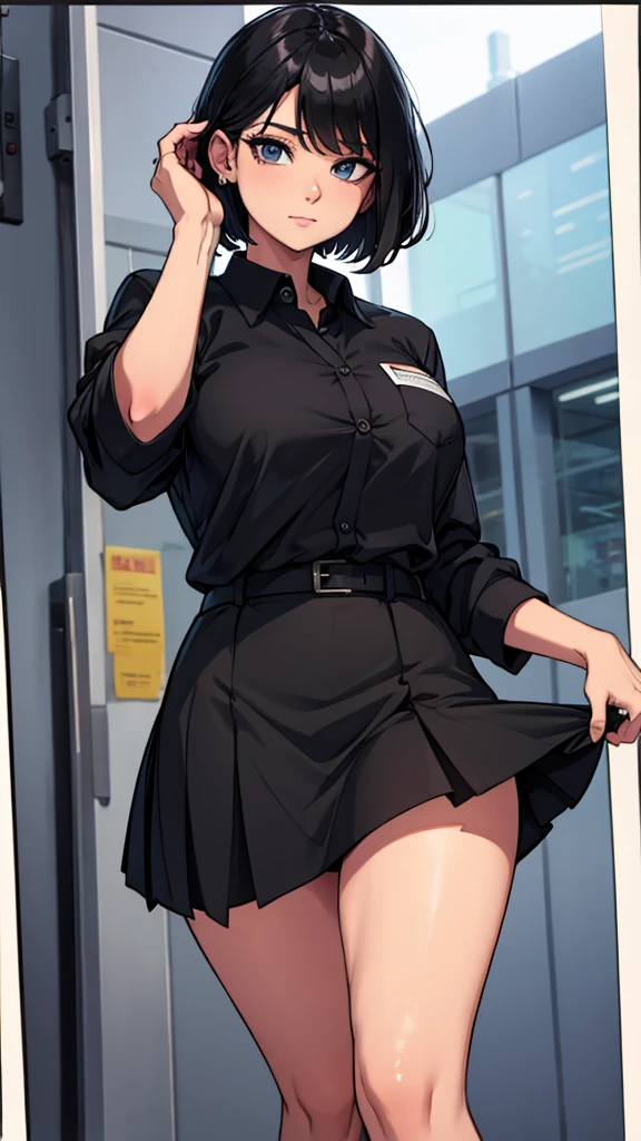 Short black skirt, work shirt, mommy 