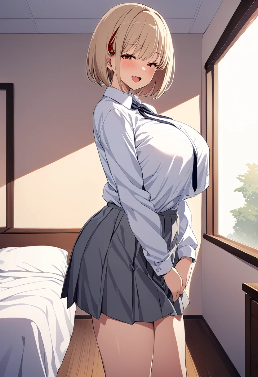 masterpiece, Highest quality, One Girl, game cg  nishikigi chisato, Bobcut, Hair Ribbon,、 White shirt、 Gray Pleated Skirt Red,Thin tie ribbon, Long sleeve, Huge breasts, Bedroom, Wink, Are standing,Open your mouth、 smile、From the side:0.5、Eyes half closed