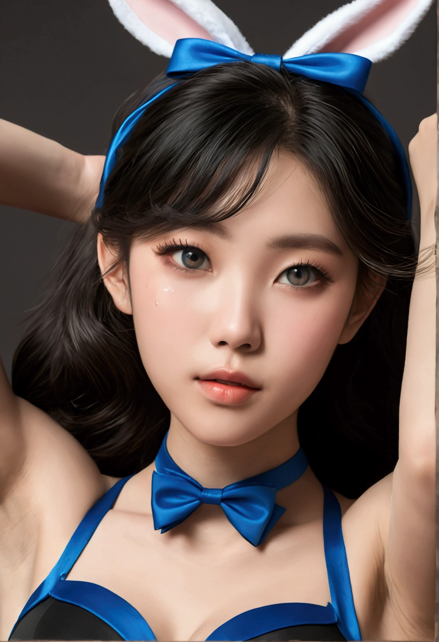 (Raise your arms back:1.5), (Shoot from the side:1.65), (From below:1.5), (Face close-up:1.75), (Beautiful Japanese Girl), (Shot with a Canon EOS 5D Mark 4 and a Canon EF 85mm F1 lens.2L Lens, F-number: 1.2, ISO50, Shutter speed ), beautiful and Beautiful Eyes, perfection , perfection, Rolling your eyes, Detailed face, Beautiful Eyes, Superior Quality, masterpiece, Very detailed, High level of detail, Many details, high quality, Cinematic Light, Real Hands, (Ultra-realistic:1.3), high school student , Perfect Eyes, Detailed skin, Skin wounds, 170cm Toll, Lip gloss, break, 
cooking_Blue Archive, smile, 屈託のないsmile, 
Black Hair, Dark skinned women, Dark Skin, Long Hair, Yellow Eyes, bangs, chest, large chest, Hello, bow, blush, bowtie, blue bow, very Long Hair, blue bowtie, No bra,
Animal ears, Exposing shoulders, black leotard, blue bow, blue bowtie, bow, bowtie, Covered navel, Detachable collar, fake Animal ears, fishnet pantyhose, Fishnet tights, gloves, high ponytail, High leg, High leg leotard, leotard, Official Alternative Costumes, pantyhose, Playboy Bunny, ponytail, Bunny ears, Side bust, Strapless, Strapless leotard, traditional bowtie, white gloves, Wrist cuff, Remains, In London,