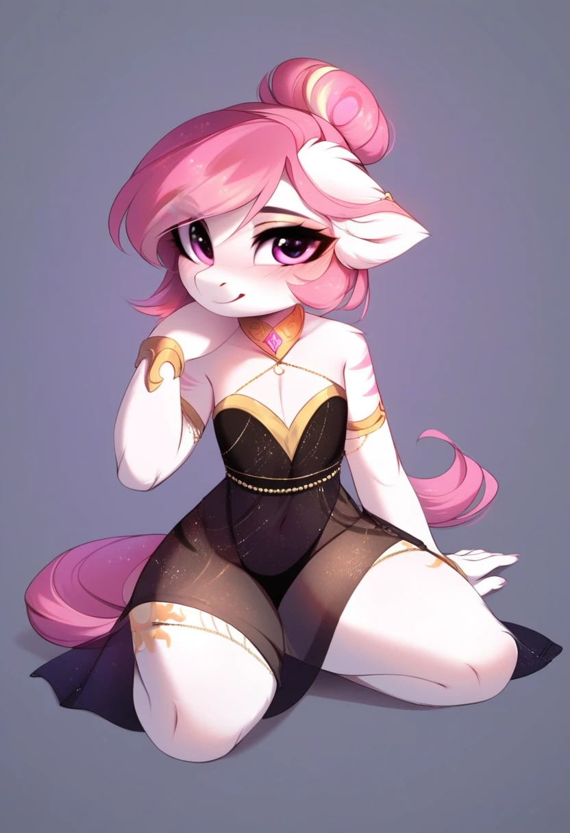 check_9, check_8_up, check_7_up, source_fluffy, rating_safe, from Magnaluna, Celestia poses seductively in a white bedroom, dark pink mane with gold stripes in it, hair bun with bangs, pink eyes, white body, thick thighs, anthro, blushing, wearing peach colored see through dress, full body