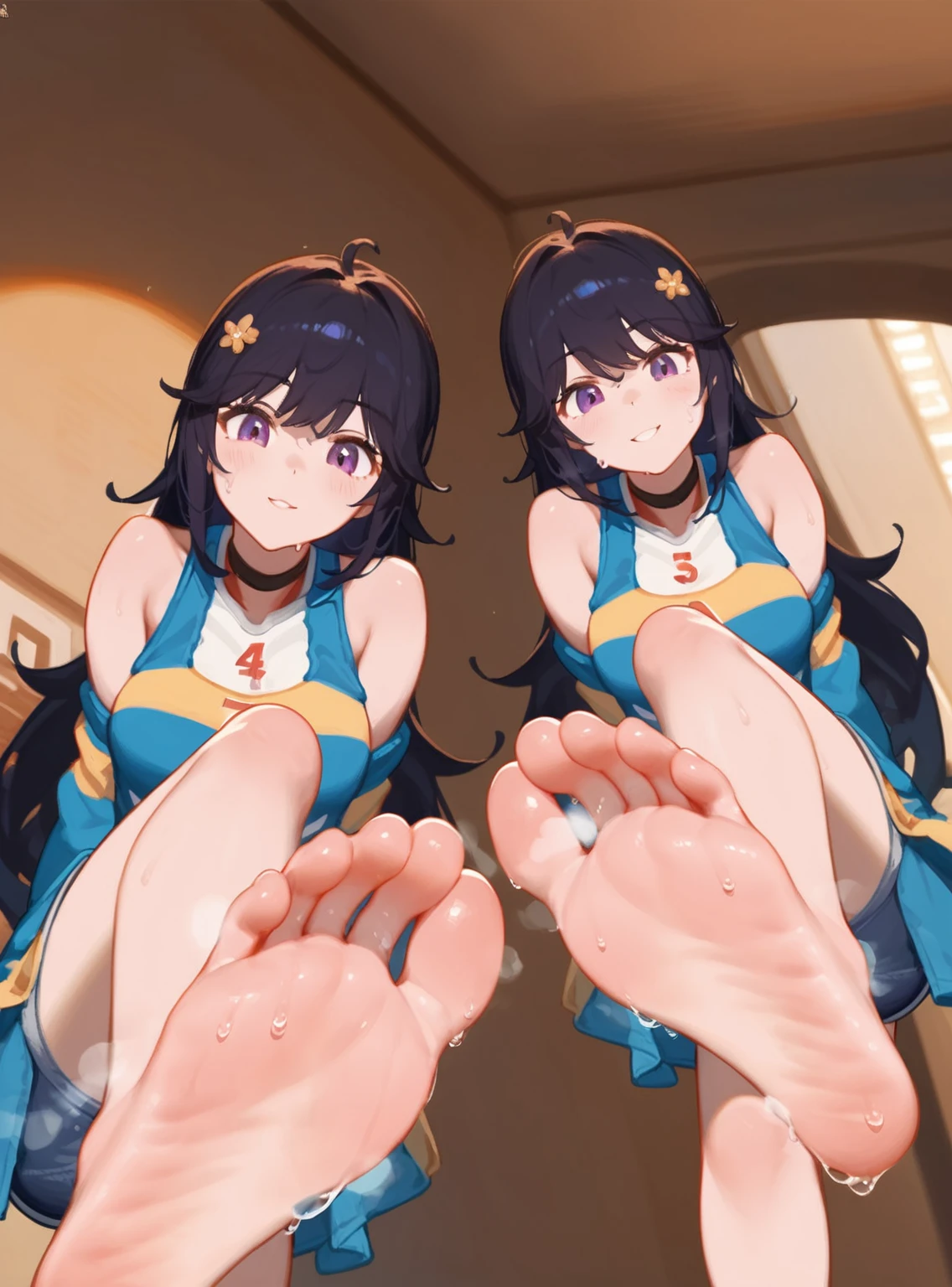 wallpaper, best quality, Very detailed, masterpiece, Extremely detailed, illustration, Sky,Foot Focus, Smirk, Bangs,齐Bangs, barefoot,Stinky feet,Steam around feet,The soles of your feet sweat a lot,White sports vest,White sportswear,stadium,shorts,