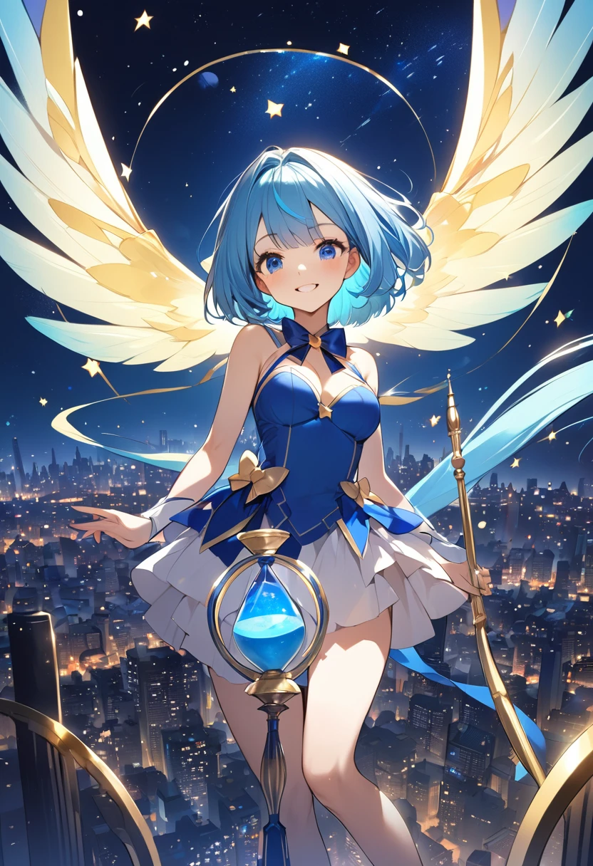 (Top quality illustrations:1.2), (pretty girl:1.1), (1 girl、17 years old), (1 girl、smile)、Bright blue hair、Short Bob Hair、Beautiful breasts、Blue-haired magical girl with a wand、((The tip of the staff is a blue hourglass.))、Flying through the night sky with magic, Looking down on the city from the sky