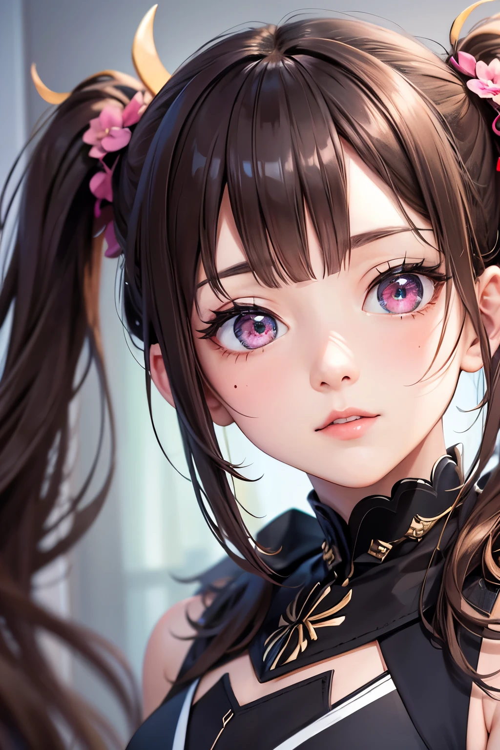 masterpiece, best quality, highly detailed, high resolution, expensive resolution, high resolution, 4k, 8k, Unity 8k wallpaper, highly detailed CG, masterpiece, 2d, 3d, beautiful details, depth, fine texture, best quality: 1.3, perfect focus, clear skin, he, very cute anime girl, heroine of justice style, expensive brown hair in twin tails bun, cute heroine of justice, mole under eye, look at the beholder, expensive, blush, mole, open lips, pink eyes, heart shaped choker