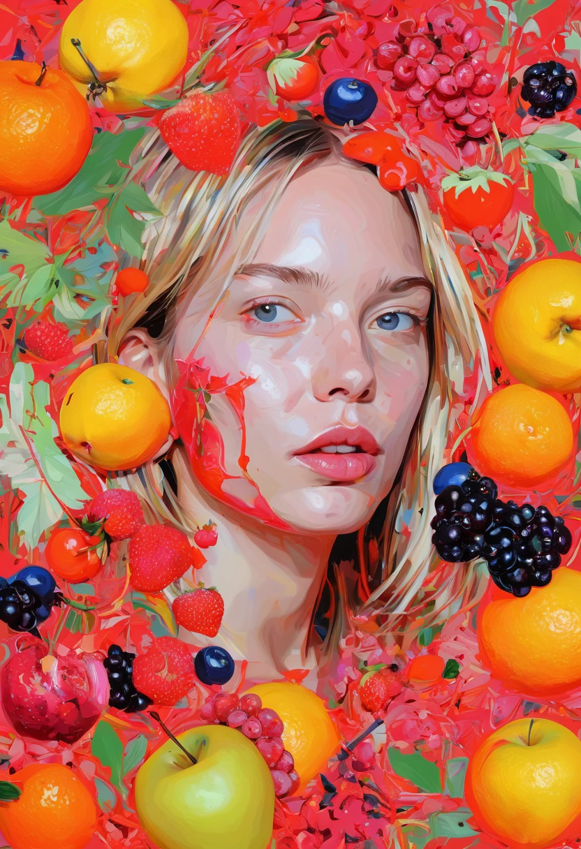 graffit, scribble, Comics by Petra Cortright, best qualityer, work of art, fruit artwork, Representative work, offcial art, proffesional, ultra intricate detailed, 8k, fruit art, coloured background
